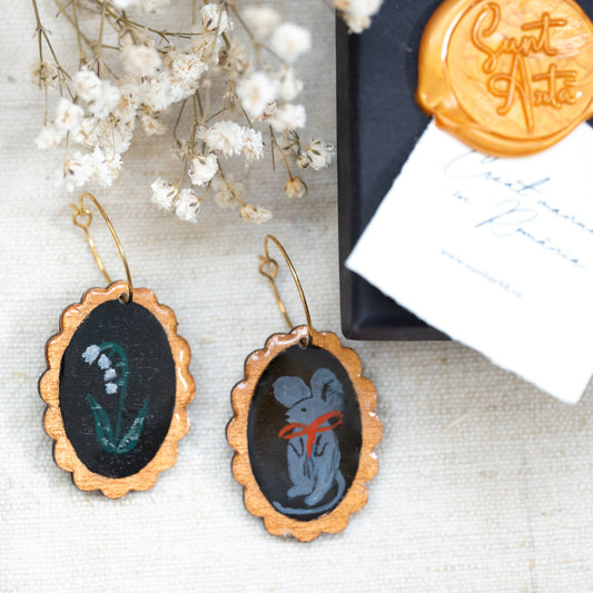 Cercei din lemn pictați șoricel și clopoțel