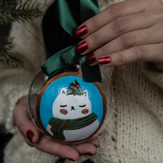 Glob de sticlă pictat manual- Pisică albă