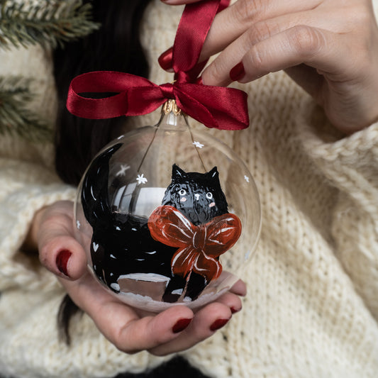 Glob de sticlă pictat manual- Pisică cu fundiță