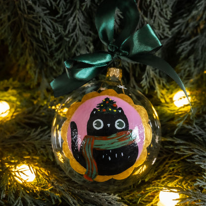 Glob de sticlă pictat manual- Pisică neagră