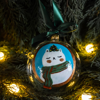 Glob de sticlă pictat manual- Pisică albă