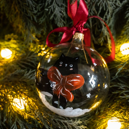 Glob de sticlă pictat manual- Pisică cu fundiță